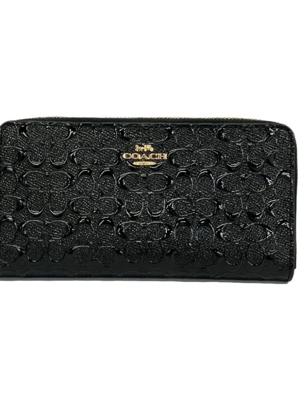 COACH Debossed Signature Patent Accordion Zip Around F54805 Black Long Wallet